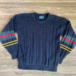 Vintage Men's Wool mix Navy Sweater with Multicolor Stripes